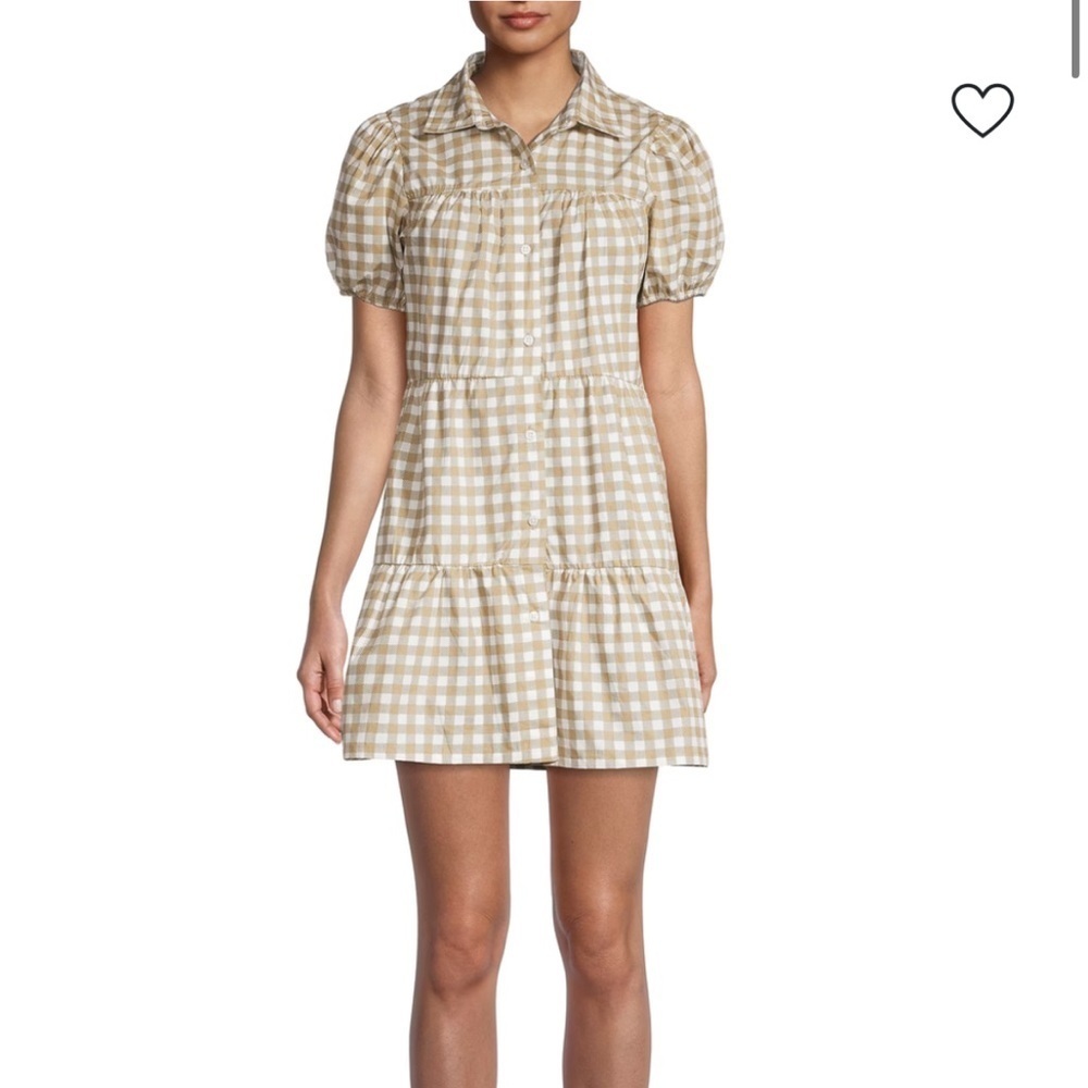 RDI Tan Gingham Short Puff Sleeve Button Front Mini Dress